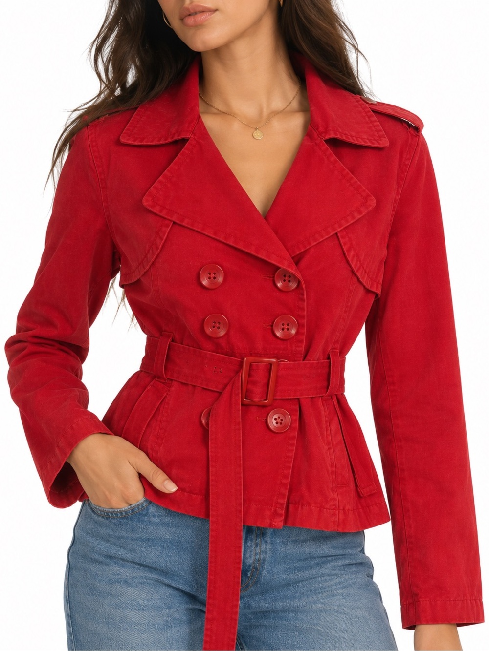 Short Double-Breasted Trench Coat with Belt – Fall Jacket – Red – Size Large